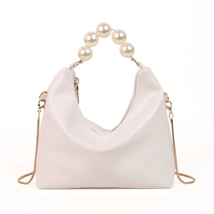 Elegant cream hobo bag with large pearl handle and fine gold chain strap for women