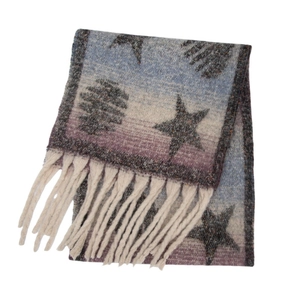 Detail of chunky star pattern knit scarf with soft loop yarn texture and long tassels