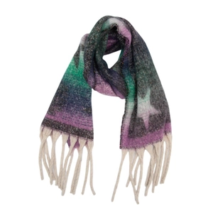 Detail of gradient star scarf with thick tassels and chunky mohair-like texture
