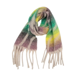 Détail macro d'une écharpe en maille bouclée multicolore avec franges et motifs ondulés dégradés