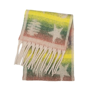 Detail of colorful striped scarf with white stars and long white tassel fringe edges