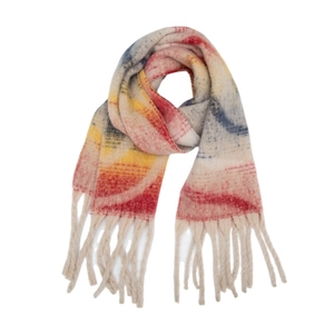 Détail d'une écharpe en maille bouclée avec dégradé de couleurs et longues franges