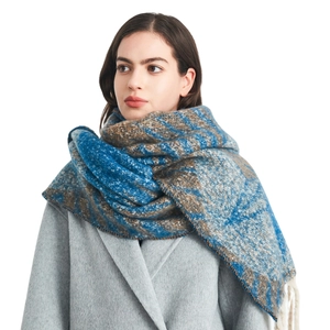 Thick knit star pattern scarf with fringes in blue and brown for autumn and winter