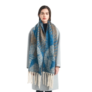 Winter boucle knit scarf with blue and brown jacquard star patterns and long tassels