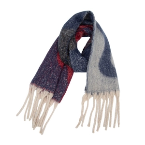 Vue détaillée d'une écharpe en maille bicolore avec texture mohair et longues franges