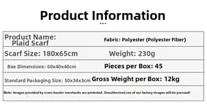 Detailed specification of red plaid scarf in polyester fabric, size 180x65cm