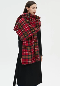 Close-up of red Christmas plaid scarf showing thick texture and whipstitch edge