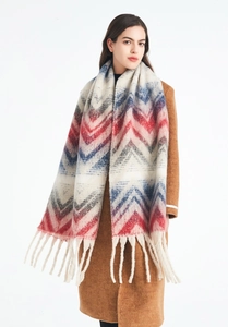 Detail of winter jacquard scarf featuring multi-color mountain wave patterns and long tassels