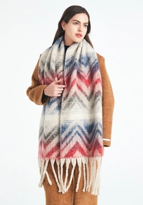 Close-up of geometric mountain pattern on soft fringe scarf in red and blue