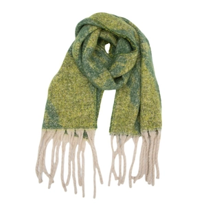 Detail of chunky knit boucle scarf with yellow-green plaid texture and cream tassels