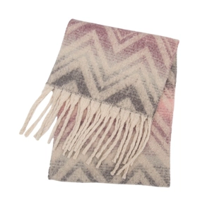 Detailed view of zigzag pattern knit scarf with fringe in beige grey and purple