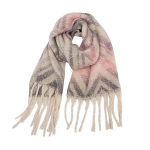 Detail of soft zigzag knit pattern and long tassels on a pink and grey winter scarf