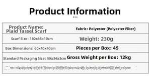 Tabella taglie per sciarpa a quadri con nappe, poliestere, misura 180x65cm e peso di 230g