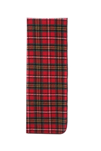 Detail of red tartan scarf showing high-quality fabric texture and classic plaid pattern