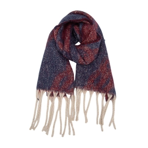 Detail of navy and red thickened winter shawl featuring long cream tassels and knit texture