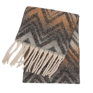 Close-up of thick mountain-patterned knit scarf with textured multi-color tassels