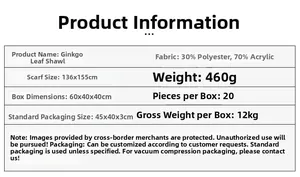 Detailed technical specification table for the black ginkgo leaf split shawl