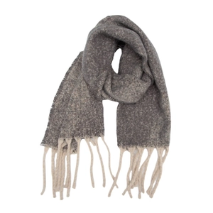 Detail of grey tweed winter scarf featuring thick off-white tassels and textured knit
