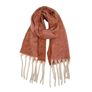 Detail of rust red and white marled knit scarf with decorative long beige fringe