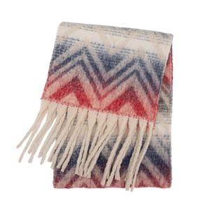 Close-up of soft boucle yarn scarf featuring mountain jacquard pattern and long fringes