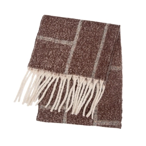 Detail of retro coffee brown and beige plaid scarf texture with long fluffy tassels