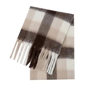 Close-up of thick plaid mohair scarf with tassels in brown and khaki tones