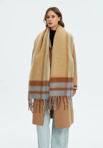 Close-up of thick faux mohair texture and plaid fringe details on the khaki scarf