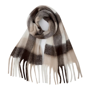 Detailed view of the thick rainbow plaid scarf with soft fringe and beige gradient patterns