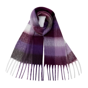 Detail shot of purple rainbow plaid mohair scarf texture and long fringe tassels