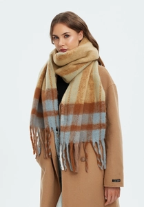 Detail view of khaki plaid faux mohair scarf with tassels and handmade sleeve label