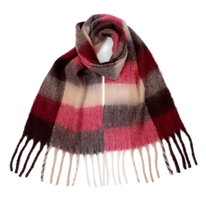 Detail shot of multi-color rainbow plaid scarf with soft fringe and knit texture