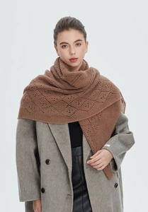 Detail of hollow knit pattern on large brown shawl with geometric diamond textures