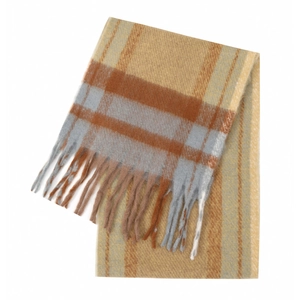 Close-up of thick checkered scarf texture with yellow and grey patterns and long tassels