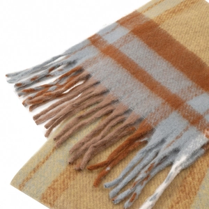 Close-up of thick plaid scarf texture with yellow blue beige fringe detail