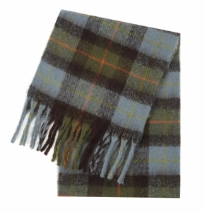 Close-up of thick checkered scarf with gray-blue fringe and soft mohair texture
