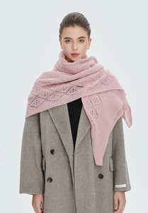 Detail of pink knitted lace shawl with hollow-out pattern on a grey wool coat