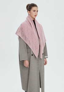 Detail of pink diamond hollow-out knit shawl paired with a classic grey wool coat