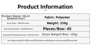 Specificaties van de polyester stippensjaal: afmeting 180x63cm en gewicht 230g
