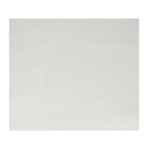Detailed close-up of intricate hollow-out knit pattern on a white square shawl