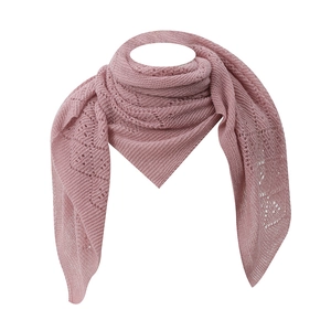 Close-up of geometric hollow crochet pattern on dusty pink knitted triangle scarf