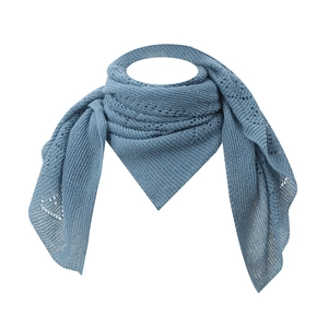 Close-up of light blue knitted triangle shawl with delicate hollow-out crochet pattern