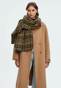 Close-up of thick green plaid scarf texture and oversized wool blend wrap detail