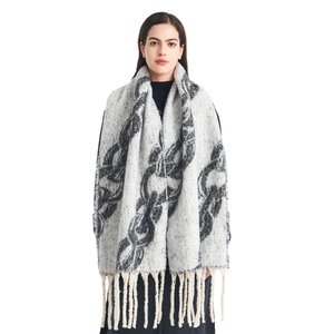 Thick winter shawl with grey chain pattern and off-white tassel trim for women