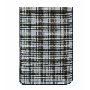 Detail of blue and yellow plaid winter scarf featuring high-quality lockstitch edges