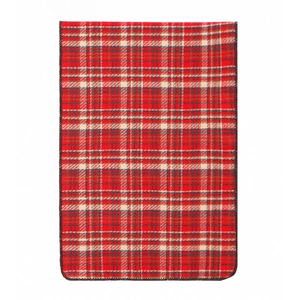 Close-up of thick green plaid scarf with soft texture and detailed edge stitching