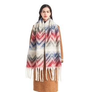 Soft faux mohair scarf with red and blue mountain jacquard patterns and tassels