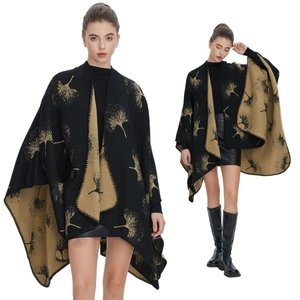 Women Faux Cashmere Shawl Wrap Reversible Ginkgo Leaf Print Open Front Knitted Poncho Cloak Winter Warm Elegant