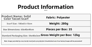 Detailed specifications of the solid color tassel scarf made of polyester fabric