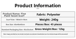 Detailed size chart and material specifications for the blue plaid tassel scarf