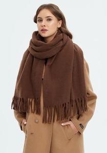 Detailed view of dark coffee cashmere-feel scarf with tassels on camel wool coat
